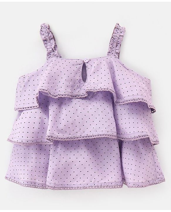 Babyhug Rayon Woven Sleeveless Three Tier Top with Lace Detailing Polka Dots Print - Light Purple