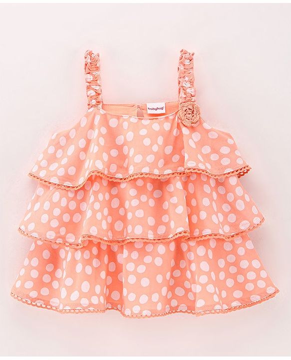 Babyhug 100% Rayon Sleeveless 3 Tier Woven Top With Corsage & Lace Detailing Polka Dot Print- Peach