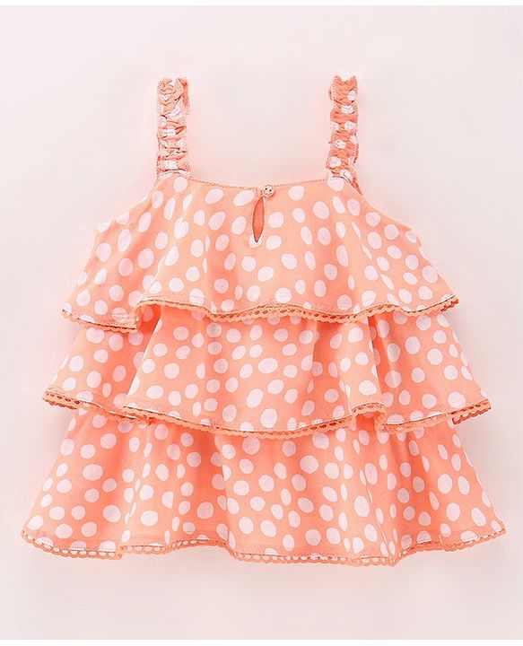 Babyhug 100% Rayon Sleeveless 3 Tier Woven Top With Corsage & Lace Detailing Polka Dot Print- Peach
