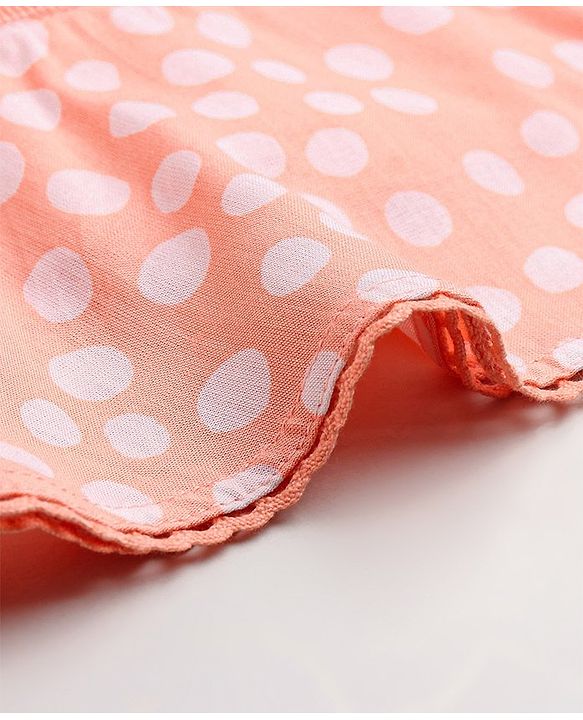 Babyhug 100% Rayon Sleeveless 3 Tier Woven Top With Corsage & Lace Detailing Polka Dot Print- Peach