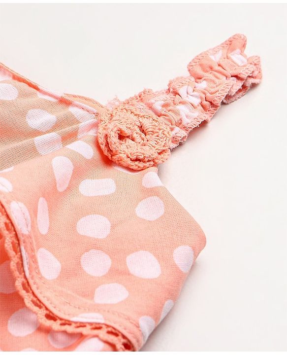 Babyhug 100% Rayon Sleeveless 3 Tier Woven Top With Corsage & Lace Detailing Polka Dot Print- Peach