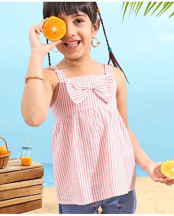Babyhug Sleeveless Seer Sucker Woven Top With Stripes & Bow Detailing - Peach