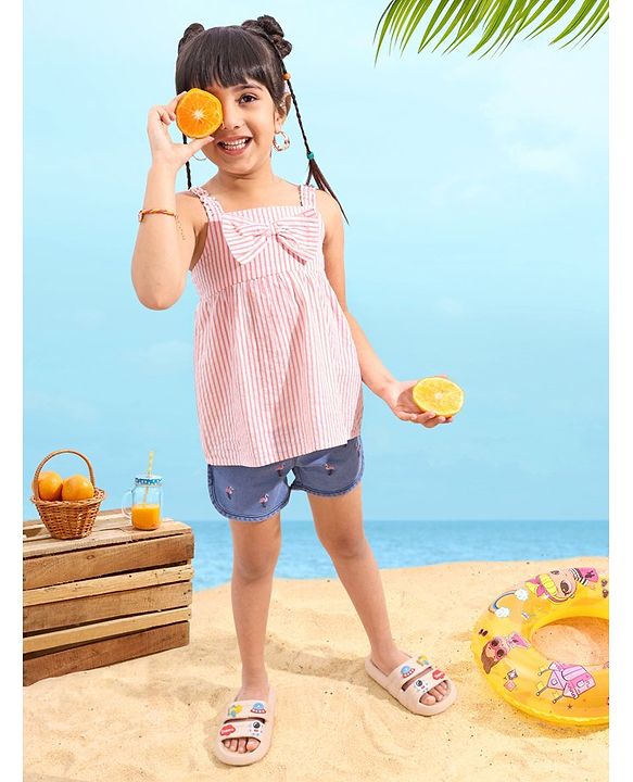 Babyhug Sleeveless Seer Sucker Woven Top With Stripes & Bow Detailing - Peach