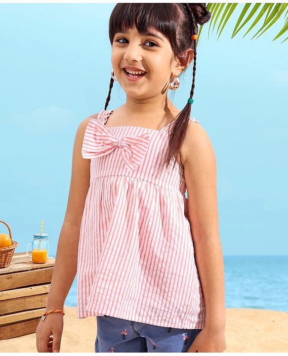 Babyhug Sleeveless Seer Sucker Woven Top With Stripes & Bow Detailing - Peach