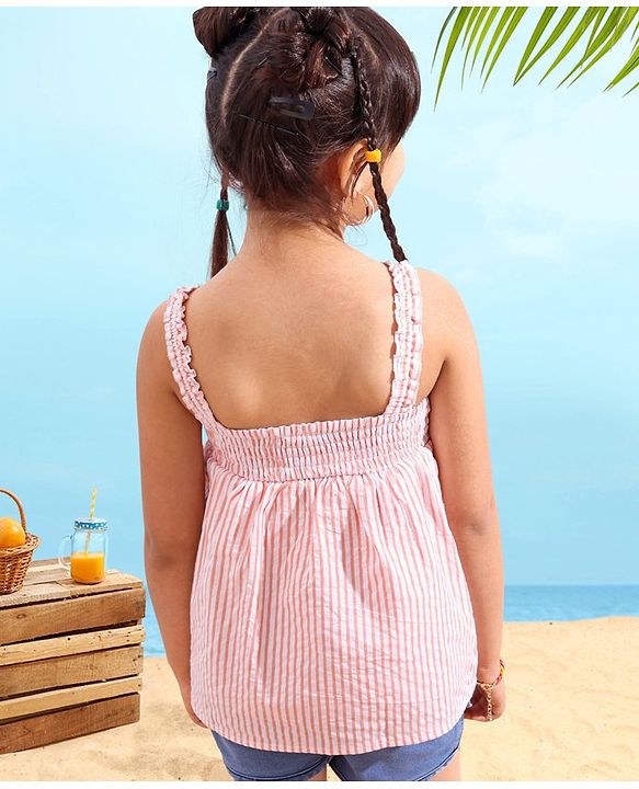 Babyhug Sleeveless Seer Sucker Woven Top With Stripes & Bow Detailing - Peach