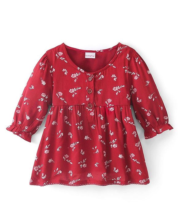 Babyhug Viscose Woven Three Fourth Sleeves Top With Frill Detailing Floral Print- Red