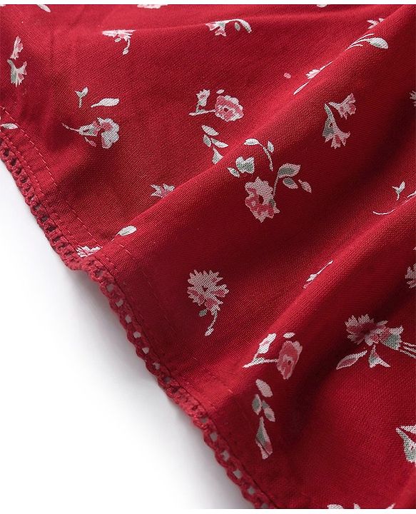 Babyhug Viscose Woven Three Fourth Sleeves Top With Frill Detailing Floral Print- Red