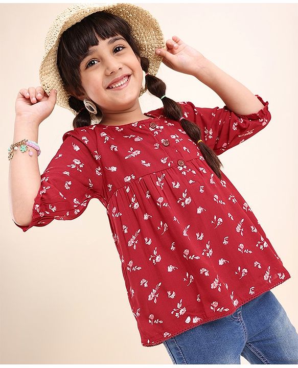 Babyhug Viscose Woven Three Fourth Sleeves Top With Frill Detailing Floral Print- Red