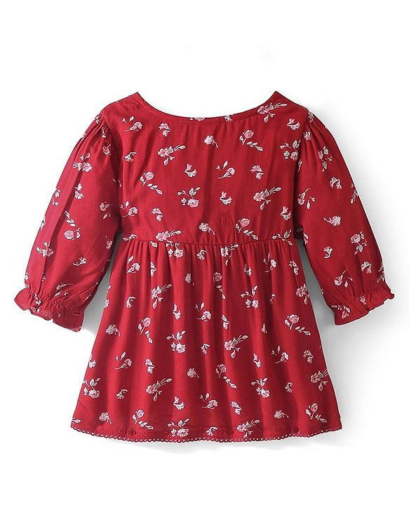 Babyhug Viscose Woven Three Fourth Sleeves Top With Frill Detailing Floral Print- Red