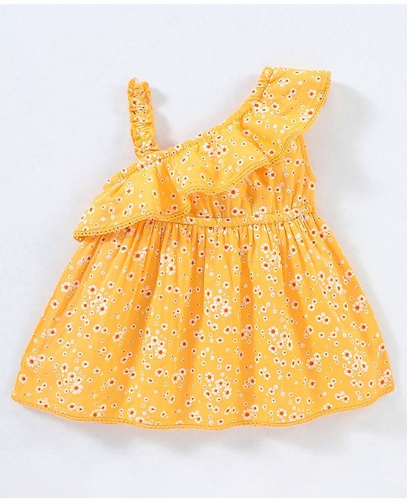 Babyhug Sleeveless Rayon Woven Floral Printed Top With Frill & Lace Detailing - Yellow