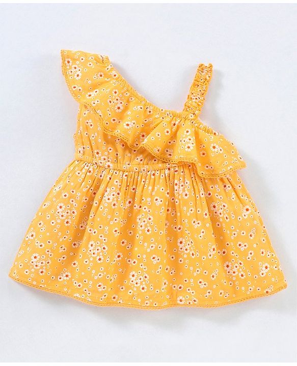 Babyhug Sleeveless Rayon Woven Floral Printed Top With Frill & Lace Detailing - Yellow