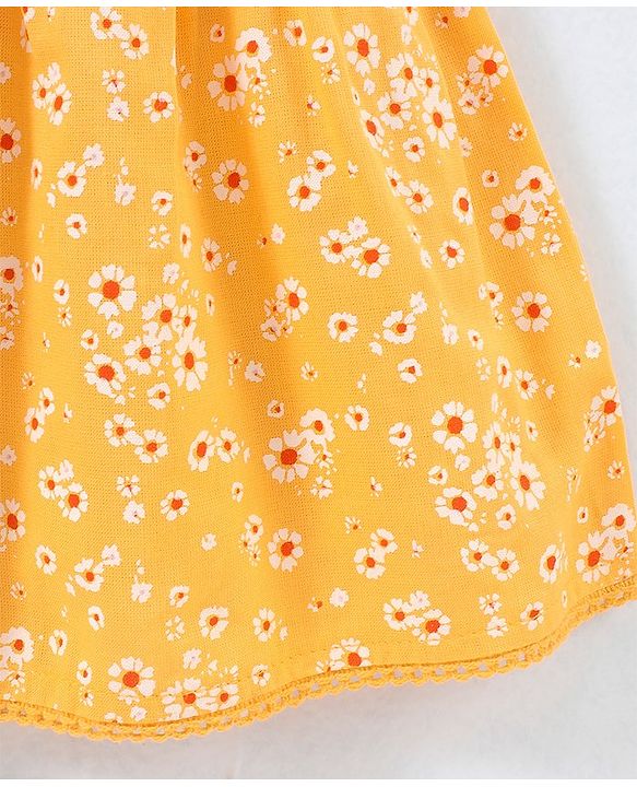 Babyhug Sleeveless Rayon Woven Floral Printed Top With Frill & Lace Detailing - Yellow
