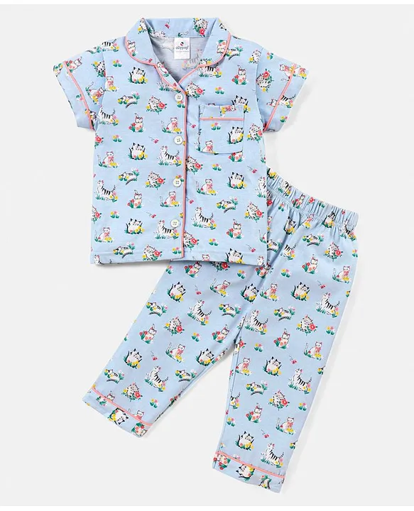 Buy Ollypop Cotton Knit Half Sleeves Night Suit Kitty Print Blue