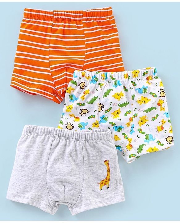 Babyhug 100% Cotton Striped & Wild Animals Printed Briefs Pack of 3 - Grey & Orange