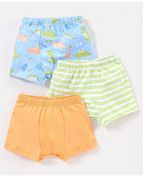 Babyhug 100% Cotton Briefs Stripes & Dino Print Pack of 3- Orange & Blue