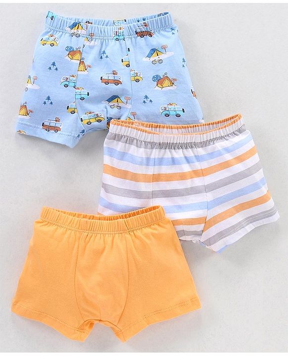 Babyhug 100% Cotton Knit Striped Boxers Cars Print Pack of 3 - Sky Blue Orange & White