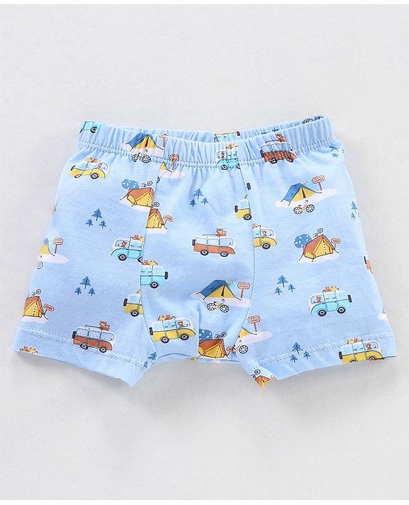 Babyhug 100% Cotton Knit Striped Boxers Cars Print Pack of 3 - Sky Blue Orange & White