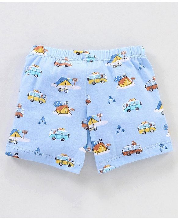 Babyhug 100% Cotton Knit Striped Boxers Cars Print Pack of 3 - Sky Blue Orange & White