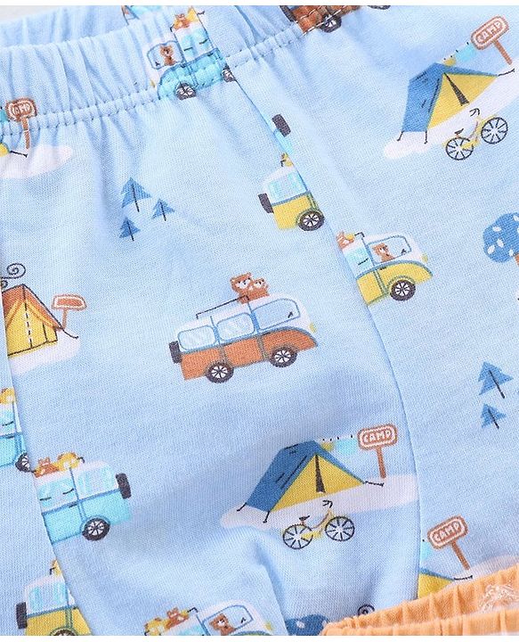 Babyhug 100% Cotton Knit Striped Boxers Cars Print Pack of 3 - Sky Blue Orange & White