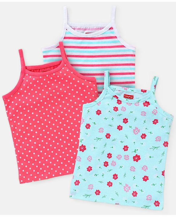 Babyhug 100% Cotton Sleeveless Stripe & Floral Printed Slips Pack of 3 - Pink & Mint Green