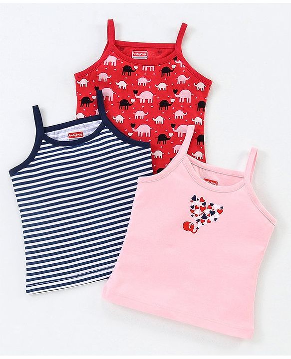 Babyhug 100% Cotton Sleeveless Floral Print & Striped Slips Pack of 3 - Red Black & Pink