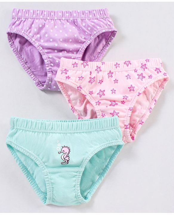 Babyhug 100% Cotton Floral & Star Fish Printed Panties Pack of 3 - Purple & Sea Green