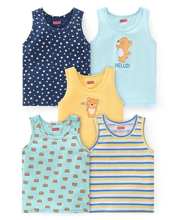 Babyhug 100 % Cotton Sando Vests Stars & Bear Print Pack of 5- Blue & Orange