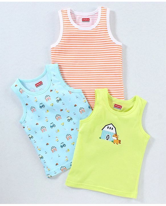 Babyhug 100% Cotton Sando Vests Stripes & House Print Pack of 3 - Orange Blue & Green