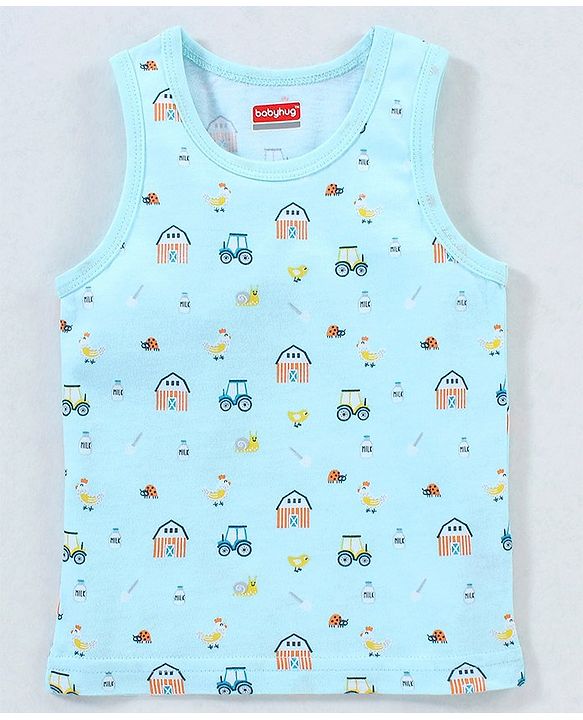 Babyhug 100% Cotton Sando Vests Stripes & House Print Pack of 3 - Orange Blue & Green