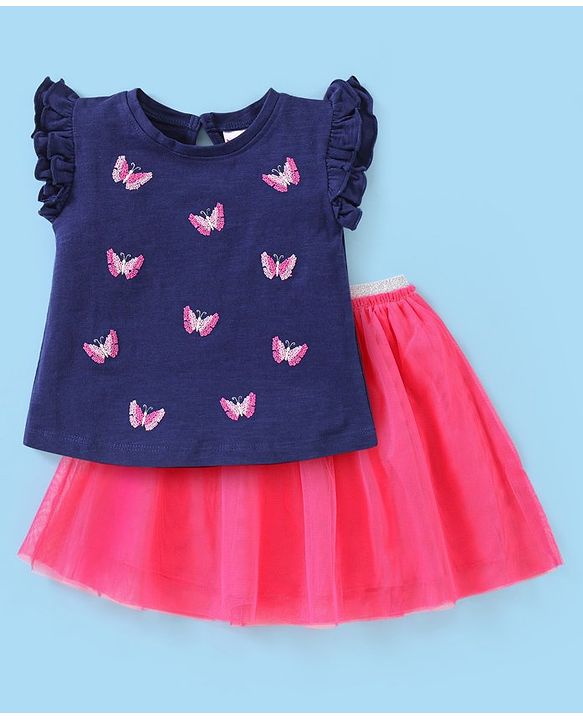 Babyhug 100% Cotton Half Sleeves Top & Skirt Butterfly Sequins Pattern  - Navy & Pink