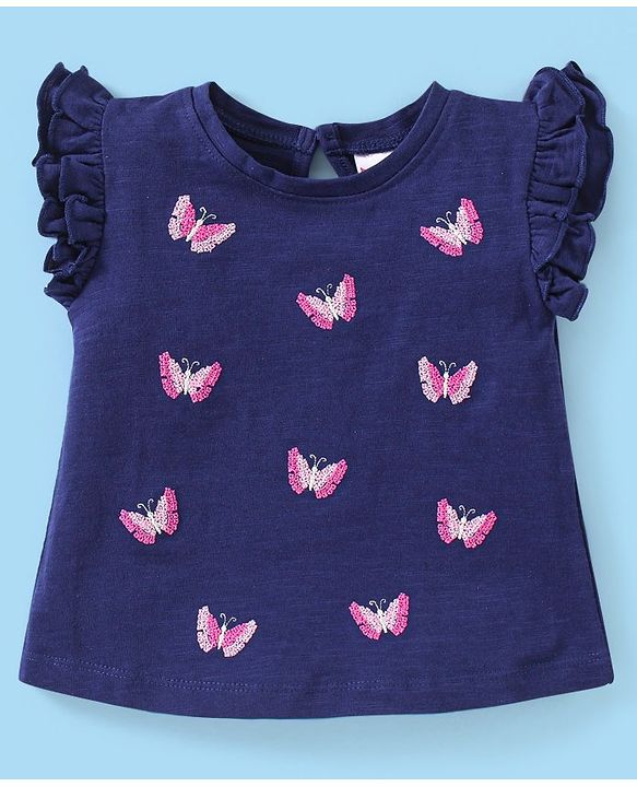 Babyhug 100% Cotton Half Sleeves Top & Skirt Butterfly Sequins Pattern  - Navy & Pink