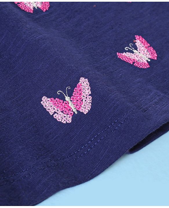 Babyhug 100% Cotton Half Sleeves Top & Skirt Butterfly Sequins Pattern  - Navy & Pink