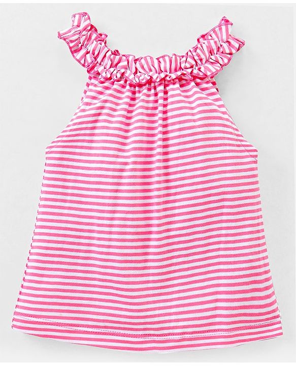 Babyhug 100% Cotton Knit Sleeveless Striped Top and Floral Printed Skirt with Bow Applique - Pink & Navy Blue