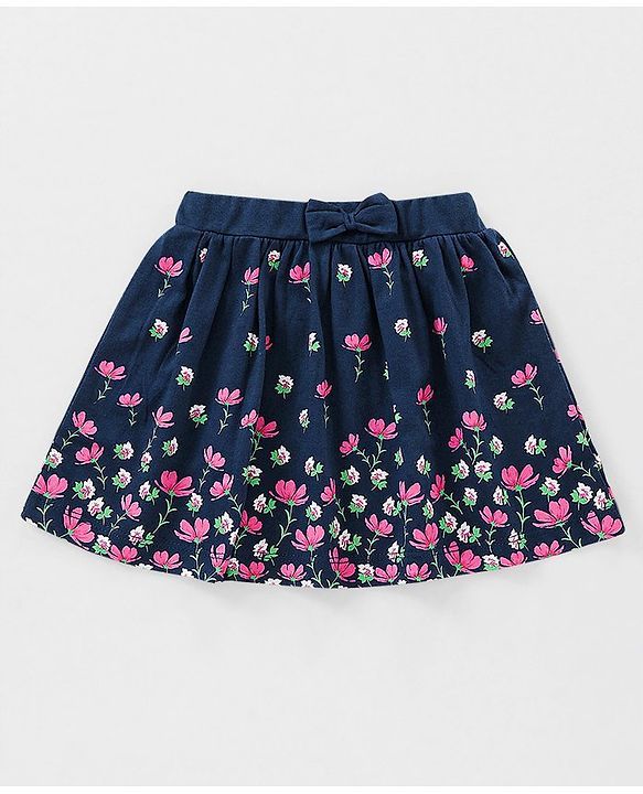 Babyhug 100% Cotton Knit Sleeveless Striped Top and Floral Printed Skirt with Bow Applique - Pink & Navy Blue