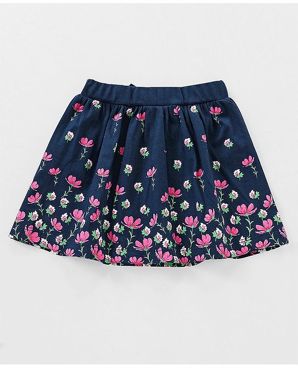 Babyhug 100% Cotton Knit Sleeveless Striped Top and Floral Printed Skirt with Bow Applique - Pink & Navy Blue