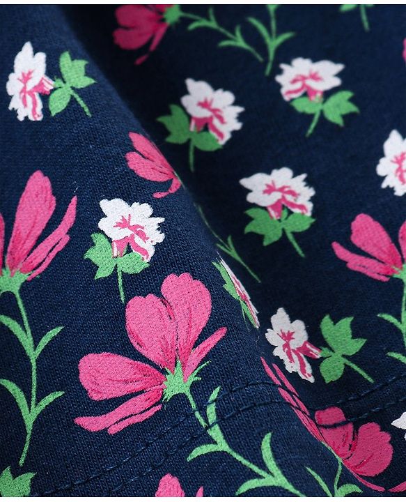 Babyhug 100% Cotton Knit Sleeveless Striped Top and Floral Printed Skirt with Bow Applique - Pink & Navy Blue