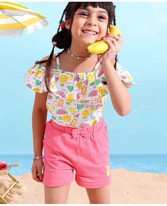 Babyhug 100% Cotton OffShoulder Watermelon Print Top with Shorts Set with Bow Applique - White & Pink
