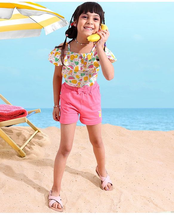 Babyhug 100% Cotton OffShoulder Watermelon Print Top with Shorts Set with Bow Applique - White & Pink