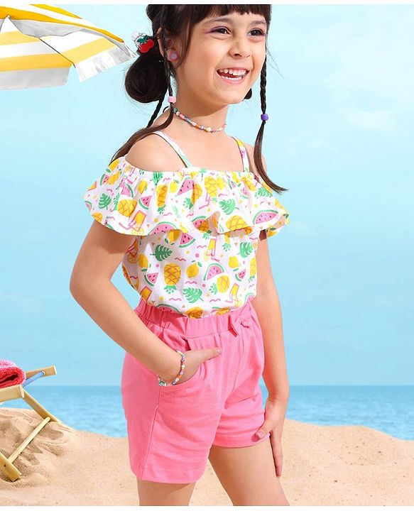 Babyhug 100% Cotton OffShoulder Watermelon Print Top with Shorts Set with Bow Applique - White & Pink