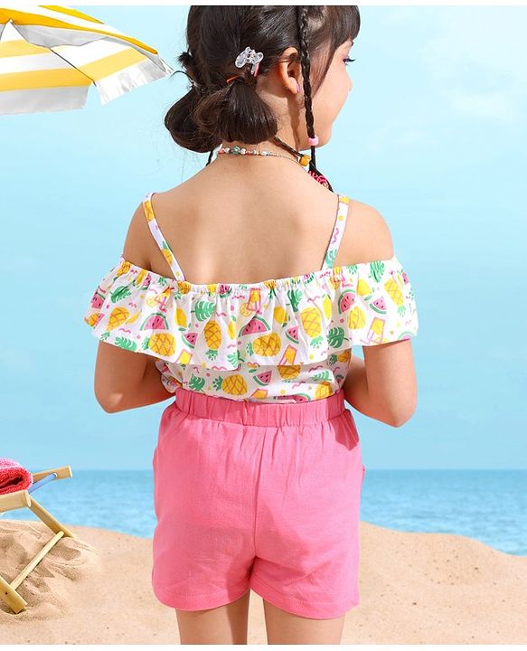 Babyhug 100% Cotton OffShoulder Watermelon Print Top with Shorts Set with Bow Applique - White & Pink