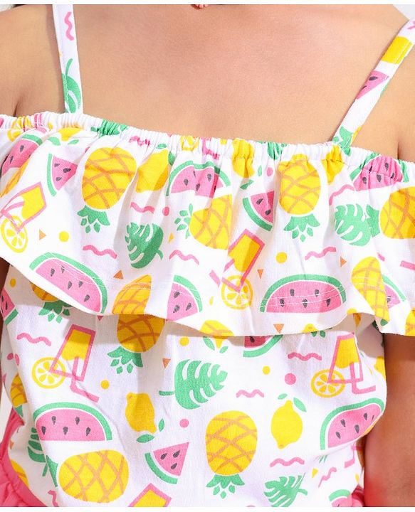 Babyhug 100% Cotton OffShoulder Watermelon Print Top with Shorts Set with Bow Applique - White & Pink