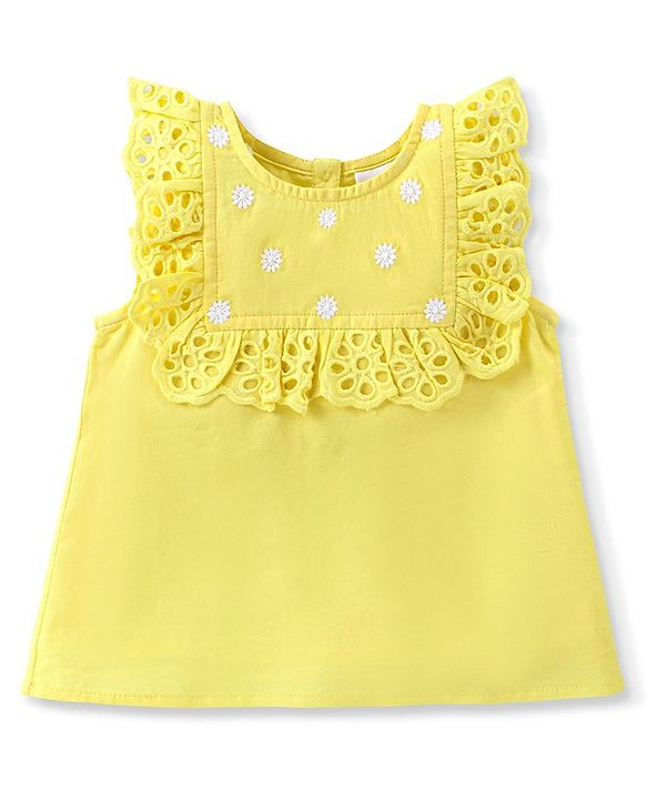 Babyhug 100% Cotton Woven Sleeveless Top With Floral Embroidery & Schiffli Frill Detailing - Yellow