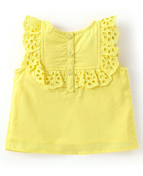 Babyhug 100% Cotton Woven Sleeveless Top With Floral Embroidery & Schiffli Frill Detailing - Yellow
