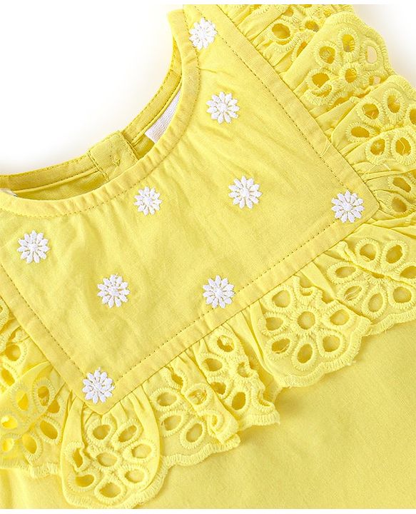 Babyhug 100% Cotton Woven Sleeveless Top With Floral Embroidery & Schiffli Frill Detailing - Yellow
