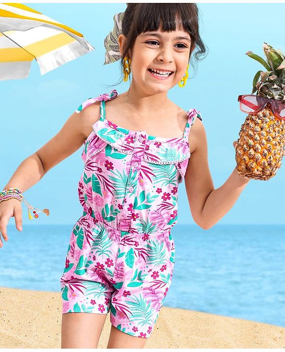 Babyhug 100% Cotton Singlet Sleeves Jumpsuit Floral Print - Pink