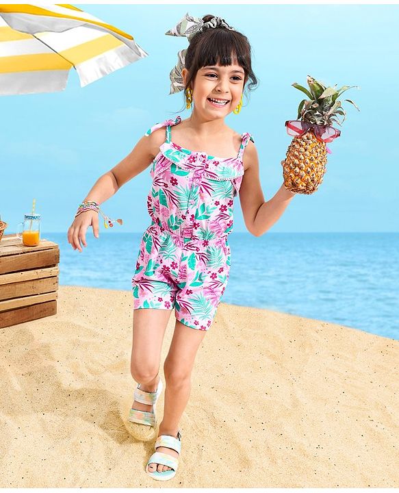 Babyhug 100% Cotton Singlet Sleeves Jumpsuit Floral Print - Pink