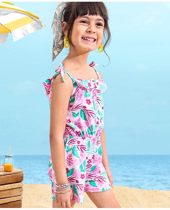 Babyhug 100% Cotton Singlet Sleeves Jumpsuit Floral Print - Pink