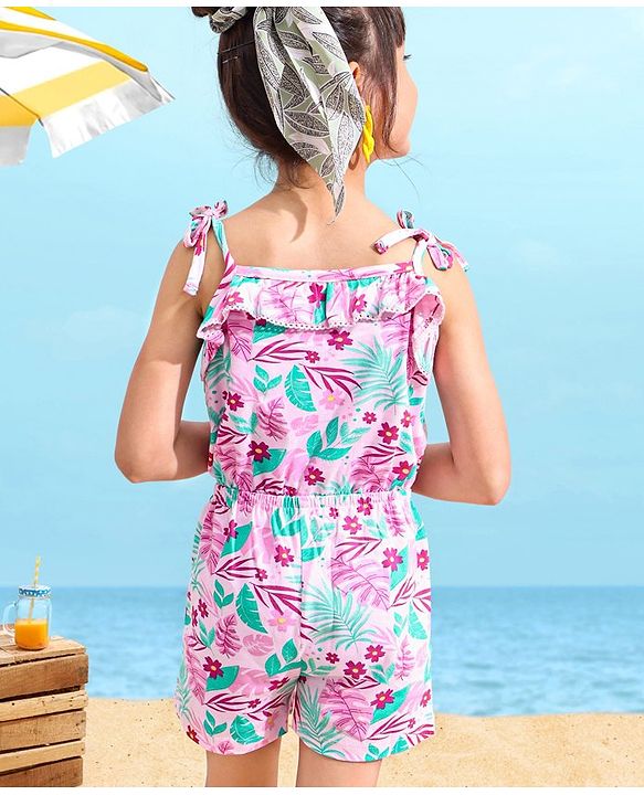 Babyhug 100% Cotton Singlet Sleeves Jumpsuit Floral Print - Pink