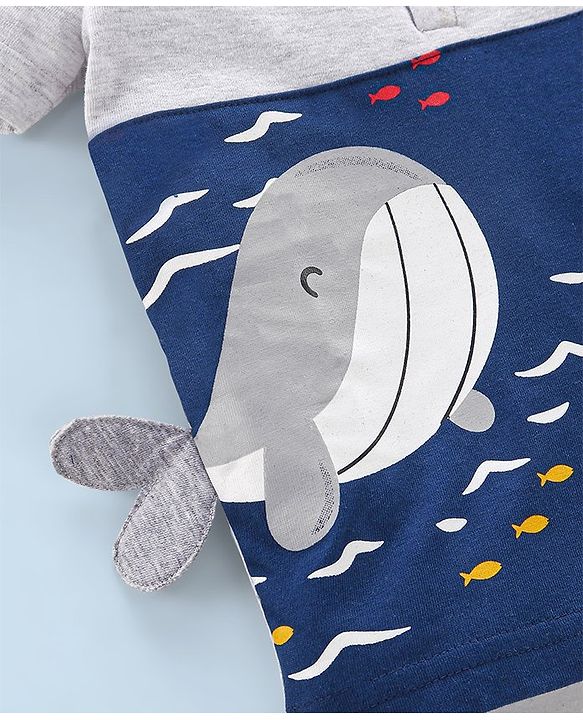 Babyhug Cotton Half Sleeves T-Shirt Whale Applique - Navy Blue & Grey