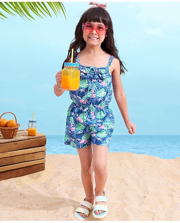 Babyhug 100% Cotton Singlet Sleeves Jumpsuit Floral Print - Navy Blue